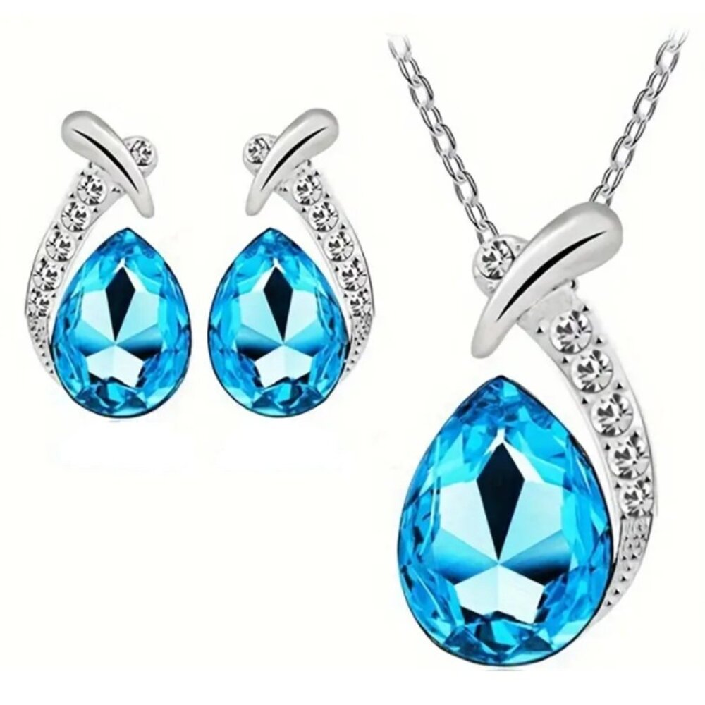Exquisite 925 Sterling Silver Teardrop Necklace & Matching Earrings Jewelry Set